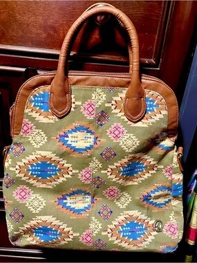 Olsenboye Boho Aztec Olive Green with Brown Trim top satchel tote/ crossbody
